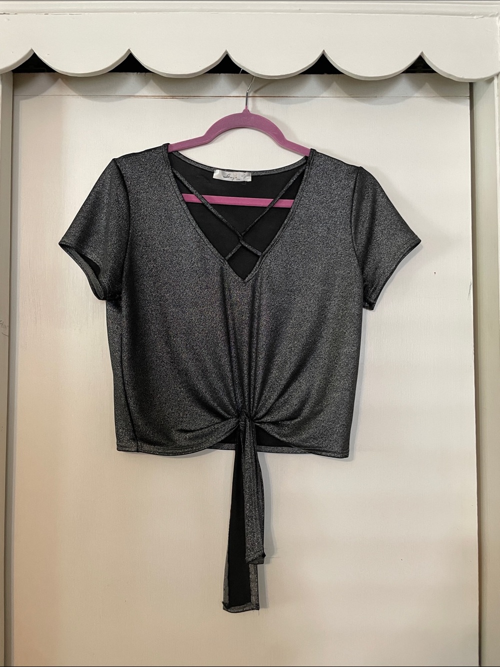 Women’s Shimmery Black Tie-Front V-Neck Top